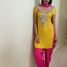 New! Comes With Three Pieces: Salwar (Pants), Kameez (Long Shirt), And Dupatta/Chunni (Scarf). Model: @Muneezy4 Size: Small Measurements: Shirt: 17” Pit To Pit, 36” Length Pants: 42” Length Use The “Buy Now” Or “Add To Bundle” Button To Purchase Yellow Traditional Wear Straight Kurta With Mirror Work, Yellow Traditional Wear With Mirror Work Straight Kurta, Yellow Palazzo Set With Dabka For Navratri, Yellow Dabka Palazzo Set For Navratri, Yellow Anarkali Palazzo Set, Navratri Yellow Dabka Palazzo Set, Yellow Palazzo Set With Dabka Straight Kurta, Yellow Palazzo Set With Straight Kurta And Pallu, Yellow Palazzo Set For Diwali