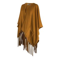 Guaranteed authentic rare Hermes unique vintage shawl/poncho with a dramatic leather fringe. Striking warm gold cashmere and wool large poncho styled shawl. Rich with long, lush leather fringes. The leather is supple, soft and fabulous in the matching color to the cashmere.Two pockets. Utterly amazing piece to live in. Fabric is cashmere and wool.Listing is for the shawl only - Belt not included.LIKE NEWBuy vintage Hermes online at mightychic for superior service and a seamless shopping experien Hermes Vintage, Vintage Shawl, Vintage Shawls, Fringed Poncho, Vintage Hermes, Poncho Style, Hermes Scarf, Leather Fringe, Buy Vintage