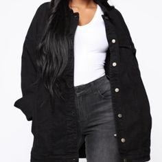 Oversized Denim Jacket Never Worn Has 2 Front Pockets With Buttons, 2 Side Pockets + Inside Pockets 98% Cotton 2% Spandex Denim Jacket Oversized, Fashion Nova Jackets, Coats Black, Cute Buttons, Oversized Denim Jacket, Black Denim Jacket, Arm Sleeve, Jacket Brands, Long Black