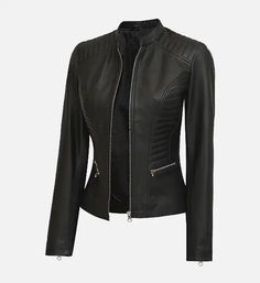 When it comes to investing in a leather jacket that promises a timeless style along with utmost durability, our women’s cafe racer black leather jacket is your ultimate option. It comes in a upright collar style, zipper pockets, and padded designs on shoulders. This leather jacket is an epitome of rebellious chic and exudes a sense of edgy sophistication that grabs attention everywhere you go. Product Specification Material and lining: Heavyweight sheepskin leather exterior with a soft polyester Classic Fitted Leather Jacket With Zipper, Classic Fitted Leather Jacket With Zipper Closure, Fitted Leather Jacket With Ykk Zipper, Fitted Leather Moto Outerwear, Fitted Moto Leather Jacket With Zipper Closure, Fitted Moto Leather Jacket For Biker Events, Fitted Moto Outerwear With Zipper Closure, Fitted Leather Jacket With Zipper For Biker Events, Fitted Leather Jacket With Zipper