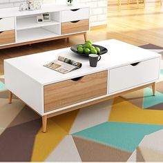 a living room with two white coffee tables and colorful rugs on the floor next to each other