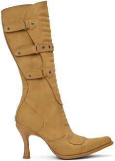 Calf-high suede heeled boots in tan. · Pointed toe · Quilted vamp and padded tongue · Velcro tabs at outer side · Zip closure at inner side · Buffed leather lining · Logo-embossed heel with rubber injection · Treaded rubber sole · Logo-engraved gunmetal-tone hardware · Heel: H4 Part of the VETEMENTS X New Rock collaboration. Supplier color: Caramel Timberland Heels, Vetements Shoes, Tan Boots, Stiletto Boots, New Rock, Knee High Leather Boots, Beautiful Style, Biker Boots, Moto Boots