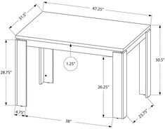 a drawing of a table with measurements for the top and bottom section, including two legs