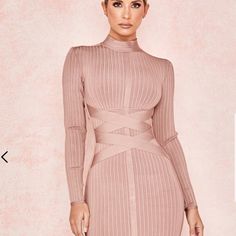 Nwt Tan Cross Strap Ribbed Bandage Dres Tight Long Sleeve Dress, Winter Turtleneck, Bandage Midi Dress, Party Kleidung, Boho Floral Dress, Khaki Dress, Bodycon Midi, Long Sleeve Midi, Boho Maxi Dress