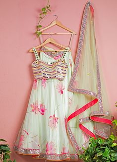 Lotus Printed Lehenga and Multi Colour Blouse Set Anisha Shetty - Fabilicious Fashion Multi Colour Blouse, Lehenga With Mirror Work, Mirror Work Lace, Mirror Work Border, Mirror Work Dupatta, Mirror Blouse, Bridal Crop Top, Mirror Lace, Thread Work Embroidery