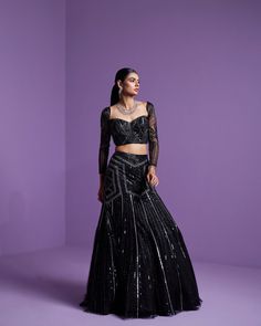 Shooting Star Lehenga Set | Black Lehenga Set | Parul Gandhi – B Anu Designs Fitted Hand Embellished Sharara For Party, Festive Gown With Sequins And Fitted Bodice, Embellished Sharara For Evening Festivals, Embellished Evening Sharara For Festivals, Glamorous Fitted Hand Embellished Sharara, Hand Embellished Fitted Sharara For Party Wear, Fitted Hand Embellished Sharara For Festivals, Festive Glamorous Fitted Choli, Glamorous Sets For Reception And Party Season