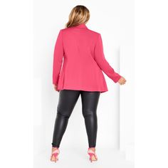 Meet the Lottie Jacket - your classic piece with a modern twist! Its classic lapel collar adds timeless charm, while the single-button front closure exudes sophistication. The full-length sleeves with button detailing create a polished look, and the hip-length hemline and fit and flare silhouette add a touch of elegance. Bold and fiercely fashionable, no one does plus size fashion like City Chic. Loved around the globe for its diverse range of fashion-forward styles for any occasion. From show-s Chic Stretch Long Sleeve Blazer, Pink Lapel Collar Outerwear For Party, Pink Lapel Collar Party Outerwear, Pink Tailored Party Outerwear, Pink Lapel Collar Blazer For Party, Pink Party Outerwear With Lapel Collar, Pink Party Blazer With Lapel Collar, Pink Spring Blazer For Office, Feminine Pink Outerwear For Party