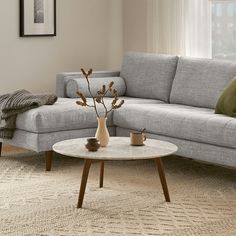 a living room with a couch, coffee table and vase on the floor in front of a window