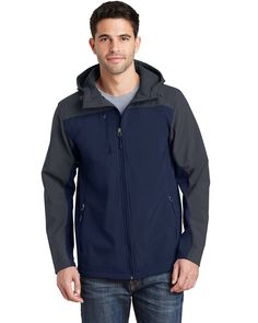 Port Authority J335 Hooded Core Soft Shell Jacket Navy Hoodie For Outdoor Fall Activities, Navy Hooded Windproof Outerwear, Navy Outdoor Outerwear With Double-lined Hood, Navy Hooded Jacket For Fall Outdoor Activities, Navy Hooded Jacket For Outdoor Fall Activities, Navy Outerwear With Double-lined Hood For Outdoor, Navy Hooded Outerwear For Outdoor Activities, Functional Navy Hooded Outerwear, Fall Navy Hooded Jacket With Detachable Hood