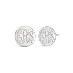 Classic and personalized, our custom engraved monogram earrings are the perfect addition to any outfit. Enter one, two or three initials. Studs are 10mm and include backings. Engraved Sterling Silver Earrings, Round Engraved Sterling Silver Earrings, Engraved Sterling Silver Round Earrings, Classic Engraved Silver Earrings, Engraved Round Earrings For Anniversary, Everyday Sterling Silver Earrings With Initials, Classic Engraved Sterling Silver Earrings, Sterling Silver Earrings With Initials For Everyday, Elegant Personalized Adjustable Earrings