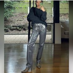 New With Tag Blogger’s Favorite Zara Best Sellers Zara New Collection Zara 2023 6045/048 Chic Silver Bottoms For Winter, Chic Silver Winter Bottoms, Zara Wide Leg Jeans, Fashion Bible, Metallic Jeans, Disco Pants, Premium Denim Jeans, Patterned Jeans, Zara New