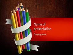 a group of colored pencils with white ribbons on a wooden background powerpoint presentation template