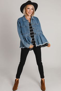 Long Sleeve Cotton Denim Jacket With Ruffles, Dark Wash Cotton Denim Top For Fall, Chic Washed Denim Top For Fall, Fall Medium Wash Denim Top With Frayed Hem, Fall Denim Top With Frayed Hem In Medium Wash, Ruffled Denim Blue Denim Jacket, Medium Wash Denim Top With Frayed Hem For Fall, Medium Wash Denim Top With Frayed Hem For Spring, Denim Top With Frayed Hem For Fall Day Out