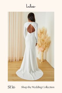 Make your special day even more so by making sure you walk down the aisle in the Lulus Eloquent Endearment White Long Sleeve Backless Maxi Dress! Stretchy crepe knit shapes this gorgeous dress that starts with a princess-seamed bodice, a crew neckline, and elegant long sleeves. The fitted waist tops an ultra-flattering, mermaid maxi skirt that boasts a romantic train at the back. A diagonal row of functional buttons secure above the flirty backless design, while a hidden zipper/clasp sits beneat Long Sleeve White Maxi Dress, Mermaid Maxi Skirt, Backless Maxi Dress, Lulu Fashion, Backless Maxi Dresses, Backless Design, White Maxi Dresses, White Long Sleeve, Gorgeous Dresses