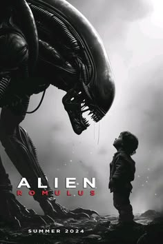 an alien is standing next to a child in front of the poster for the upcoming film