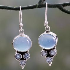 Blue topaz and chalcedony dangle earrings, 'Bubbling Stream' - Light Blue Gemstone Earrings in Sterling Silver Settings Light Blue Gemstone, Earthy Bohemian, Blue Gemstone Earrings, Chalcedony Earrings, Blue Topaz Stone, Silver Dangle Earrings, Weird Creatures, Topaz Earrings, Fancy Jewelry