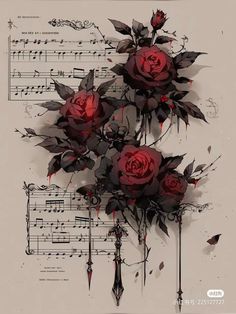 some red roses and music notes on a white sheet with black ink in the background