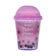 a purple cup with stars on it and the words mellow, shower tea in pink