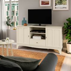 a living room scene with focus on the entertainment center and large potted plant in the corner