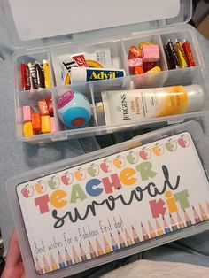 a teacher's lunch box with school supplies in it