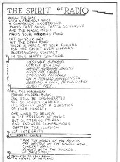 the spirit of radio, written in black ink on white paper with handwritten instructions