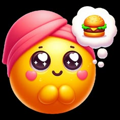 a yellow ball with a pink hat and hamburger on it's head, has a thought bubble above its head