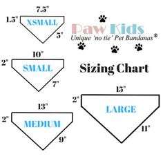 dog bandana size chart for small dogs and large dogs with the measurements shown below