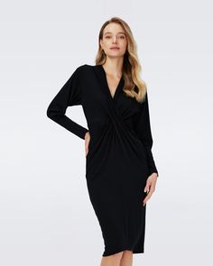 Cut from a sustainably-sourced jersey, the Sylvia dress has a soft, stretchy feel and falls around the knee. This piece has long sleeves, a V-neckline and wrap-style gathering at the bodice.Elena Rei is 5 Foot and 8 Inches and wearing a size XS. Wrap Dress Dvf, Ladies Day Dresses, Knit Wrap Dress, Midi Wrap Dress, Maxi Jersey Dress, Pink Midi Dress, Pink Maxi Dress, Wrap Dress Floral, Mini Wrap Dress