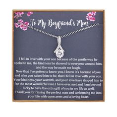 a necklace with the poem to my boyfriend's mom on it in a wooden frame