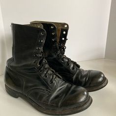 Vintage True Combat Boots Black Leather Men’s Size Unknown (Original Owner Put Name Over It) Measures 12” Heel To Toe. Vampire Boots Men, Vintage Black Lace-up Boots With Round Toe, Vintage Combat Boots With Snip Toe And Leather Sole, Vintage Boots With Reinforced Cap Toe, Vintage Ankle Work Boots With Leather Footbed, Vintage Work Boots With Leather Lining And Round Toe, Vintage Leather Lined Work Boots With Round Toe, Vintage Leather-lined Work Boots With Round Toe, Vintage Work Boots With Leather Lining