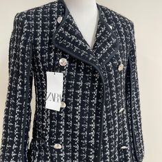 Nwt Black And White Zara Jacket! Silver Button Closures With Slight Shoulder Padding As Well. Size Xs Chic Winter Blazer With Snap Buttons, Chic Blazer With Snap Buttons For Winter, Chic Winter Blazer With Covered Buttons, Chic Zara Outerwear With Snap Buttons, Zara Jacket, Zara Jackets, Zara Black, Shoulder Pads, Zara