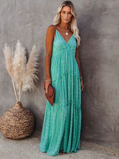 Bohemian Floral Sleeveless Maxi Sundress – Boho Beach Hut Summer V-neck Maxi Dress With Adjustable Straps, Turquoise V-neck Maxi Dress For Vacation, Green Vacation Sundress With Spaghetti Straps, Green Sundress With Spaghetti Straps For Vacation, Green Spaghetti Strap Sundress For Vacation, Green Spaghetti Strap Dress For Beach Season, Green Dresses With Adjustable Straps For Vacation, Green Sundress With Adjustable Straps, Green Maxi Sundress For Beach