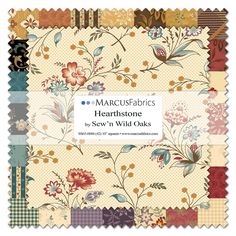 an assortment of fabrics with flowers and leaves on them, including the words heart stone by sew'n wild oaks