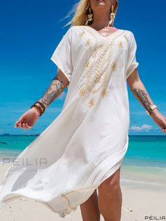 Peilia - Exquisite Embroidered Bohemian V Neck Short Sleeve Dress: A Fashionable and Versatile Choice for Casual or Beach Wear, Embracing the Essence of Boho Style, Ideal for Womens Wardrobe Flowy Beige Kaftan For Summer, Beige Flowy Kaftan For Summer, Embroidered Beachwear Maxi Dress For Summer, Flowy Embroidered Maxi Dress For Vacation, Summer Beachwear Embroidered Maxi Dress, Summer Beige Flowy Kaftan, Summer Embroidered Beachwear Maxi Dress, Beige Summer Kaftan For Vacation, Embroidered Beachwear Maxi Dress For Beach