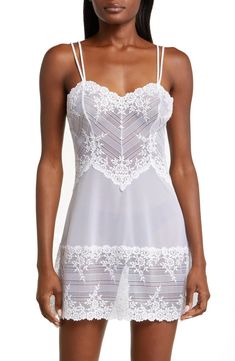 Wacoal 'Embrace' Lace & Mesh Chemise | Nordstrom Sheer Lace Camisole For Daywear, Lace Coquette Camisole, Sheer Lace Camisole For Party, Stretch Lace Camisole With Delicate Straps, Lace Camisole With Delicate Straps And Stretch, Lace Camisole With Delicate Spaghetti Straps, Stretch Lace Camisole With Straps, Fitted Delicate Lace Camisole In Coquette Style, Sheer Fitted Slip With Spaghetti Straps