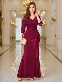 V Neck Contrast Lace Ruffle Satin Evening Party Formal Dress, Wedding Event Dress, Prom Gown, For Wedding Guest, Graduation, Dinner New Year Eve Red Elegant  Three Quarter Length Sleeve Lace Colorblock,Plain  Slight Stretch  Women Clothing, size features are:Bust: ,Length: ,Sleeve Length: Burgundy Long Sleeve Bridesmaid Dress, Wedding Event Dresses, Long Red Dress, فستان سهرة, Women Formals, Lace Ruffle, Formal Party, Formal Evening Dresses, Inspiration Mode