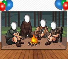 three people sitting around a campfire with balloons in the background