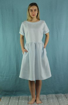 "Spring dress, Handmade pure linen dress Made to order Handmade white blue strips linen dress with short sleeves and 2 pockets , perfect for casual wear and suitable for any occasion in any season Details: - 100% natural linen produced in Europe ; - medium weight (180 gram per square meter); - color: white blue strips, could be any from our colors catalog (color samples at the photo); Made to order, approximately a few days, If you have any questions please message me and I will be glad to answe Knee-length Dress With Slip Pockets And Relaxed Fit, Relaxed Fit Sundress With Short Sleeves, Spring Linen Sundress With Short Sleeves, Relaxed Fit Short Sleeve Sundress, Fitted White Dresses With Side Pockets, White Fitted Dresses With Side Pockets, White Dress With Side Pockets, White Dresses With Side Pockets, Knee-length Dress With Side Pockets And Relaxed Fit