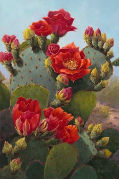 a painting of red and yellow flowers on top of a green cactus plant in the desert