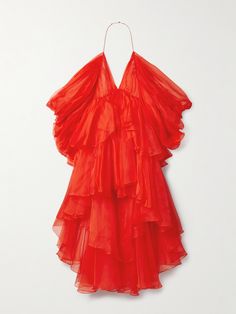 Zimmermann''s mini dress is cut from swathes of vibrant red silk-organza that offer beautiful volume and airy movement. Designed with a halter neckline, it's gathered along the sleeves and empire waist and falls to a tiered, asymmetric hem. The daring open back reveals plenty of skin. Voluminous Mini Dress For Summer Evenings, Voluminous Summer Evening Mini Dress, Red Organza Dress For Summer, Summer Red Organza Dress, Summer Silk Voluminous Dresses, Voluminous Silk Dress For Summer, Voluminous Silk Summer Dresses, Red Organza Dress For Spring, Spring Red Organza Dress