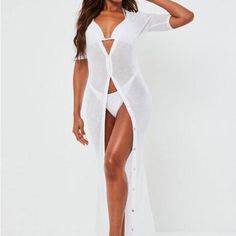 Sheer Button Through Cover Up White Us Size 6 X37 Button-up Beach Dresses With Buttons, White Button-up Beach Dress, Summer Beach Cover-up Dress With Buttons, Long Beach Dress With Buttons, Long Beach Dress With Button Closure, Fitted Beach Dress With Button Closure, Missguided Dress, Sheer Dress, White Color