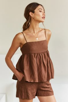 A woman wearing a chocolate linen-blend babydoll cami two piece set. Linen Fashion, Linen Clothes, Looks Vintage, Sewing Clothes, Fashion Sewing, Sophisticated Style, Sewing Ideas, Crescent