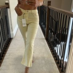 Stretchy Soft Jeans! Color Is Pale Yellow Brand New Sooo Cute Ships Same Day Chic Zara Jeans For Day Out, Yellow Mid-rise Bottoms For Spring, Zara High Rise Bottoms For Spring, Zara High Rise Spring Bottoms, Zara High Rise Pants For Spring, Yellow Stretch Jeans For Summer, Chic Spring Jeans By Zara, Spring High Rise Yellow Pants, Zara Mid-rise Bottoms For Spring