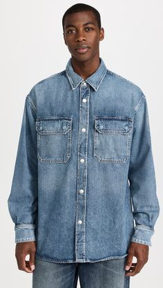 AGOLDE Camryn Shirt | Shopbop Medium Wash Cotton Shacket With Pockets, Denim Washed Relaxed Fit Shacket, Washed Denim Shacket In Relaxed Fit, Dark Wash Long Sleeve Tops With Patch Pockets, Denim Long Sleeve Shacket With Button Closure, Denim Blue Long Sleeve Shacket With Button Closure, Washed Blue Denim Jacket With Patch Pockets, Medium Wash Denim Top With Buttoned Pockets, Denim Shacket With Buttoned Pockets