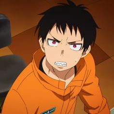 an anime character with red eyes and black hair wearing an orange hoodie looking at the camera