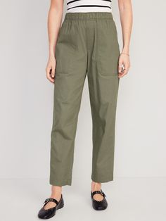 elastic waist faux fly front utility pockets back patch pockets hammer loop #745290 sits at belly button relaxed hip and thigh tapers at ankle regular inseam: 28" petite inseam: 26" tall inseam: 32" models wear sizes S (size 4), L (size 12), and XL (size 18)