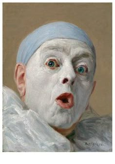 a painting of a man with a surprised look on his face and wearing a blue headband