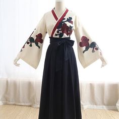 ❤Japanese Flower Print Kimono Shirt + Ribbon Hakama-Style Skirt❤ Red Long Skirt, Gaun Abad Pertengahan, Long Skirt And Top, Rose Flower Print, Short Black Skirt, Kimono Shirt, Mode Kimono, Floral Print Kimono, Rose Vintage