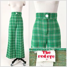 1970s green plaid knit wide leg pants. Ultra high rise with a button closure and zipper fly. In great vintage condition - please see photos.  All measurements are taken with the garment laying flat and doubled for the bust, waist, and hips.  Waist: 25" Hips: 35" with comfortable stretch to 36" Rise: 13" Upper Thigh: 11.5"across Inseam: 31" Label: The Red Eye Material: Not listed; looks/feels like poly  Size on Tag: 7 Approx. Fit: 25 waist  Some garments have been adjusted in photos to fit the form. Please reference measurements provided for true size.  *I don't accept returns so please ask any questions before purchase. I'm happy to provide additional pictures, details, or measurements. See shop policies and FAQs for more information. 70's Aesthetic, Plaid Wide Leg Pants, Knit Wide Leg Pants, Flower Power Fashion, Dancer Outfits, 70s Green, 60s 70s Fashion, Dancers Outfit, Seventies Fashion