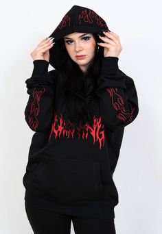 "Black hoodie with a red \"BURNING\" print on front and flames on hood and sleeves. The model is 167 cm tall and wears size XL. JOIN US ON INSTAGRAM 🌹 http://instagram.com/blvck.pl 🏷 PRODUCT DETAILS 🏷 Hand-printed Unisex 80% High-quality Cotton 20% Polyester Made in Poland 📏 SIZING & FIT 📏 All our sweatshirts and T-shirts are unisex. Measurements (width/length) S - 54/67 cm (21\"/26\") M - 57/69 cm (22.5\"/27\") L - 60/71 cm (23.5\"/28\") XL - 63/73 cm (25\"/29\") XXL - 65/76 cm (25\"/3 Emo Graphic Print Sweatshirt For Winter, Winter Grunge Hoodie With Crew Neck, Emo Crew Neck Sweatshirt For Streetwear, Grunge Hooded Top For Streetwear, Black Grunge Hoodie For Winter, Hooded Grunge Tops For Streetwear, Halloween Graphic Print Hoodie For Streetwear, Grunge Hoodie For Streetwear, Black Hooded Grunge Sweatshirt